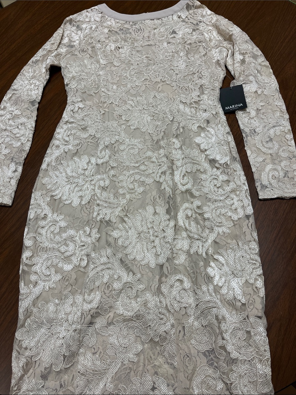 MARINA Champagne Lace Long-Sleeve Sheath Dress, size 8, new with tags